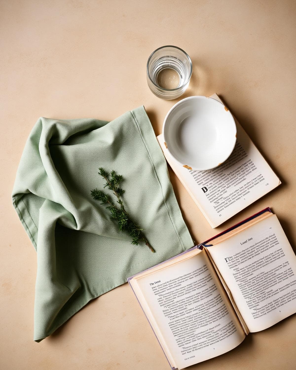 Salbeigrüne Leinenserviette, Glas Wasser und aufgeschlagenes Buch.